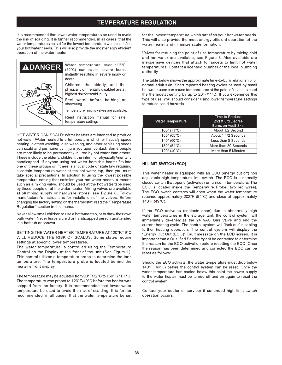 A.O. Smith 317443-000, 100 Power Vent DV Series 120 instruction manual Temperature regulation, HI Limit Switch ECO 