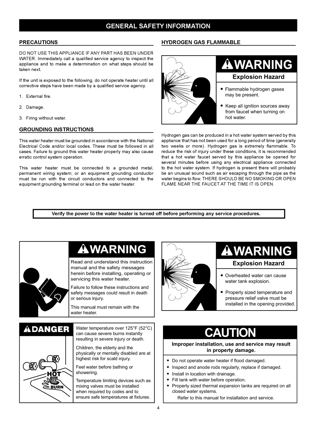 A.O. Smith 317443-000 General safety information, Precautions Hydrogen Gas Flammable, Grounding Instructions 