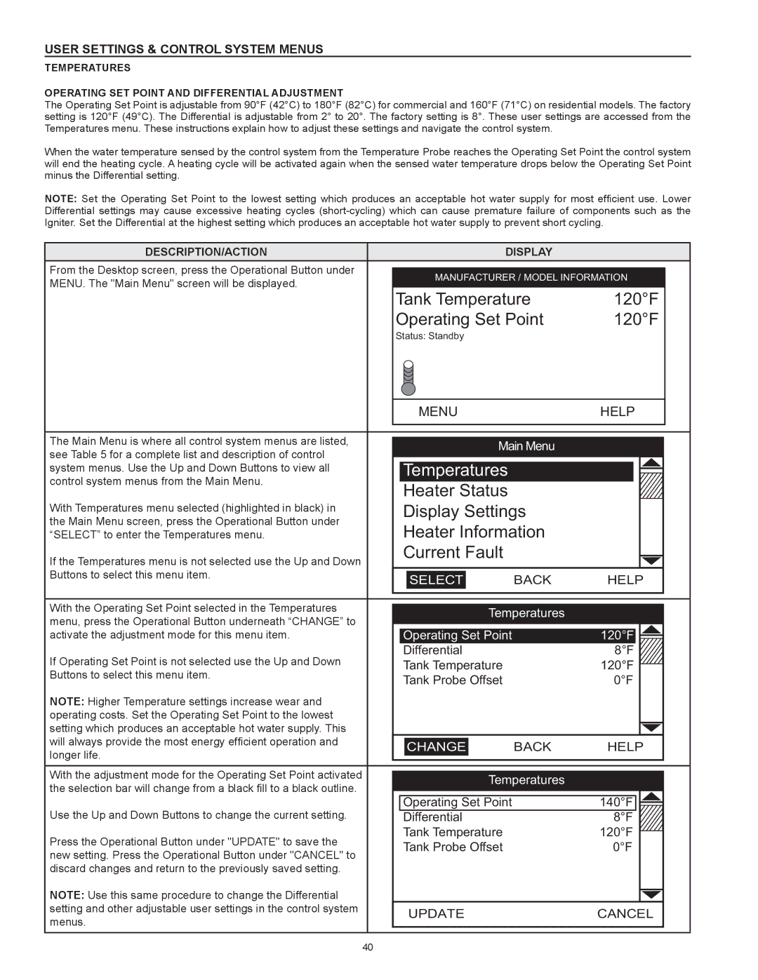 A.O. Smith 317443-000 User Settings & Control System Menus, Temperatures Operating Set Point And Differential Adjustment 