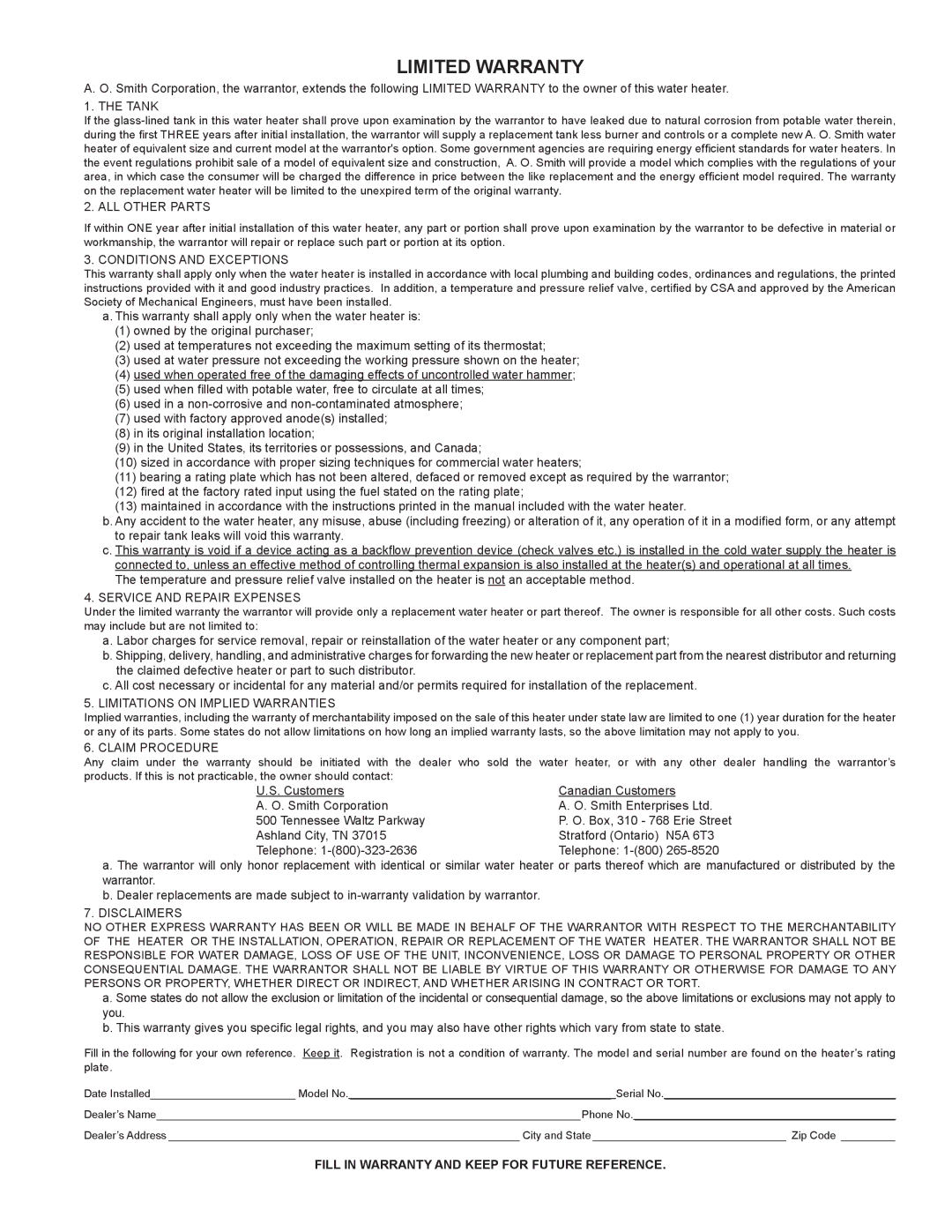 A.O. Smith 100 Power Vent DV Series 120, 317443-000 Limited Warranty, Fill in Warranty and Keep for Future Reference 