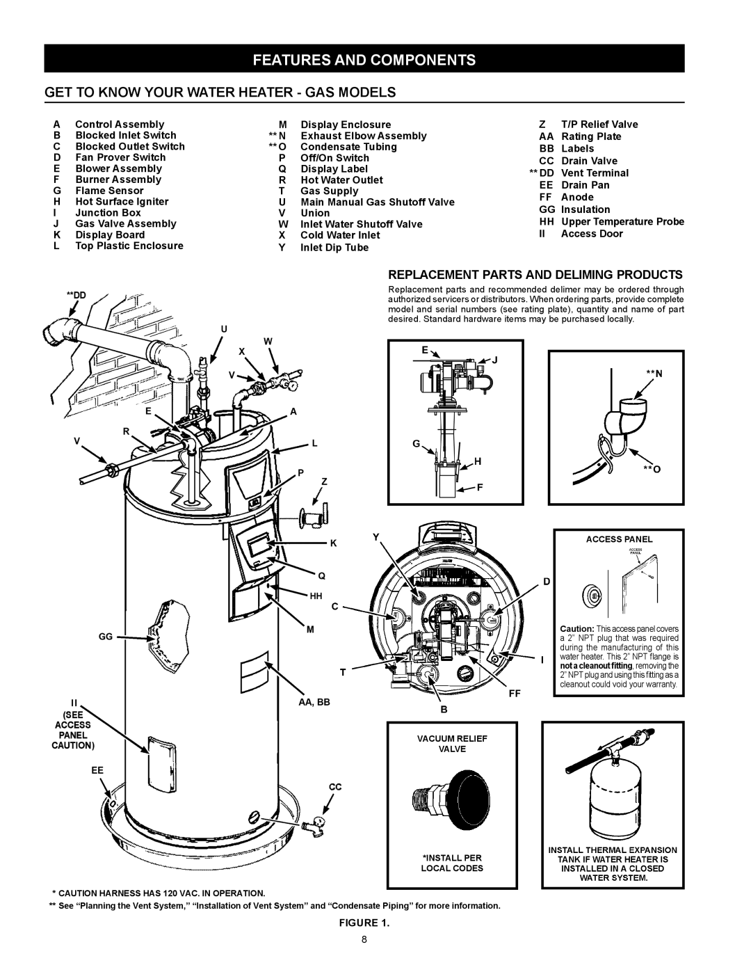 A.O. Smith 317443-000, 100 Power Vent DV Series 120 Features and components, Replacement Parts and Deliming Products 