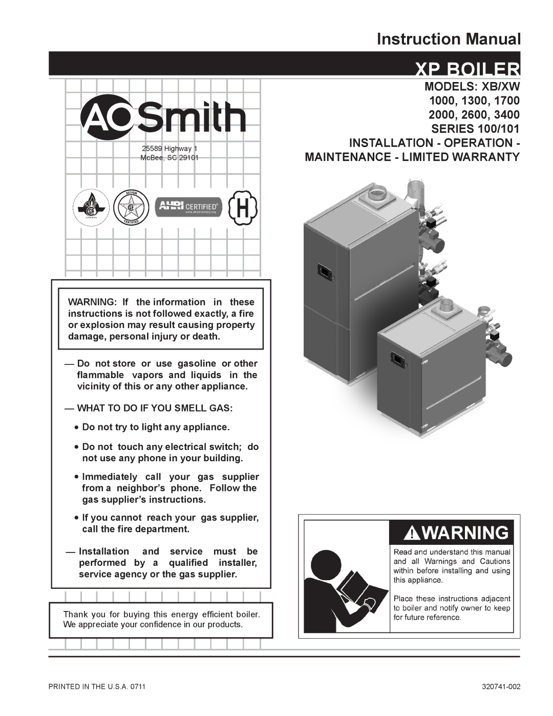 A.O. Smith 2600, 3400, 1700, 2000 instruction manual XP Boiler 