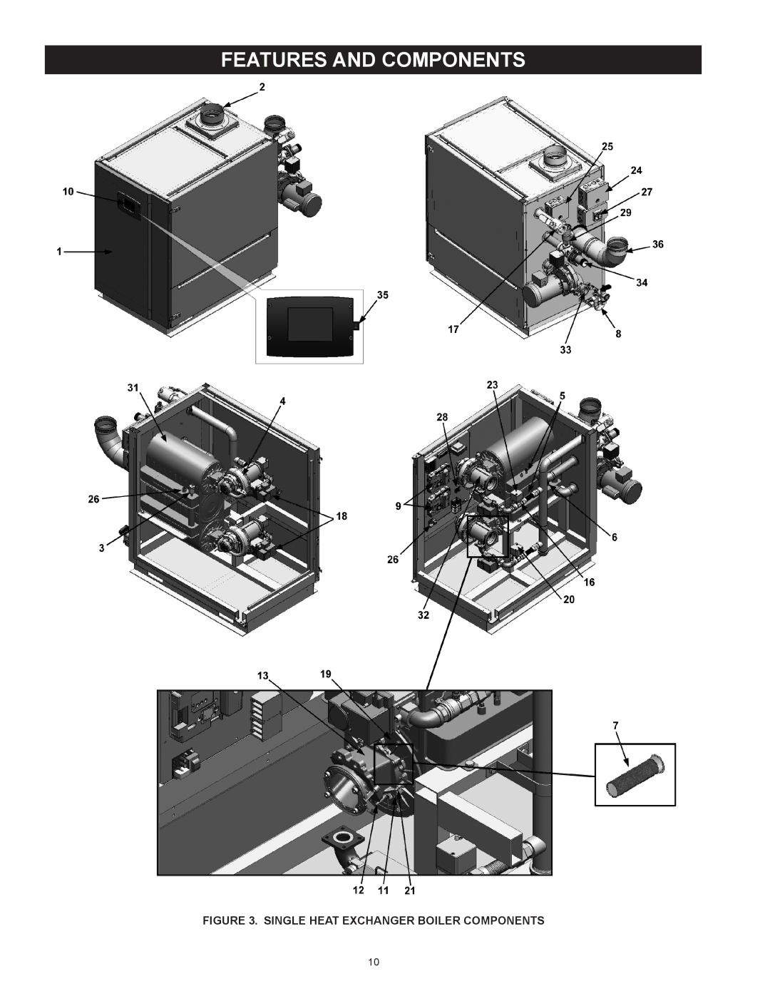 A.O. Smith 1700, 3400, 2600, 2000 instruction manual Features and Components, Single Heat Exchanger Boiler Components 