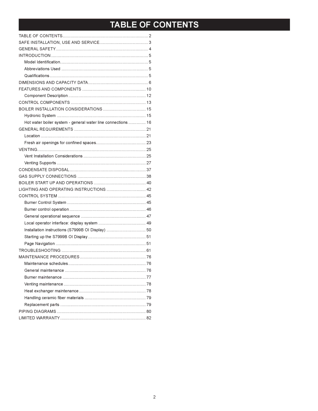 A.O. Smith 1700, 3400, 2600, 2000 instruction manual Table of Contents 