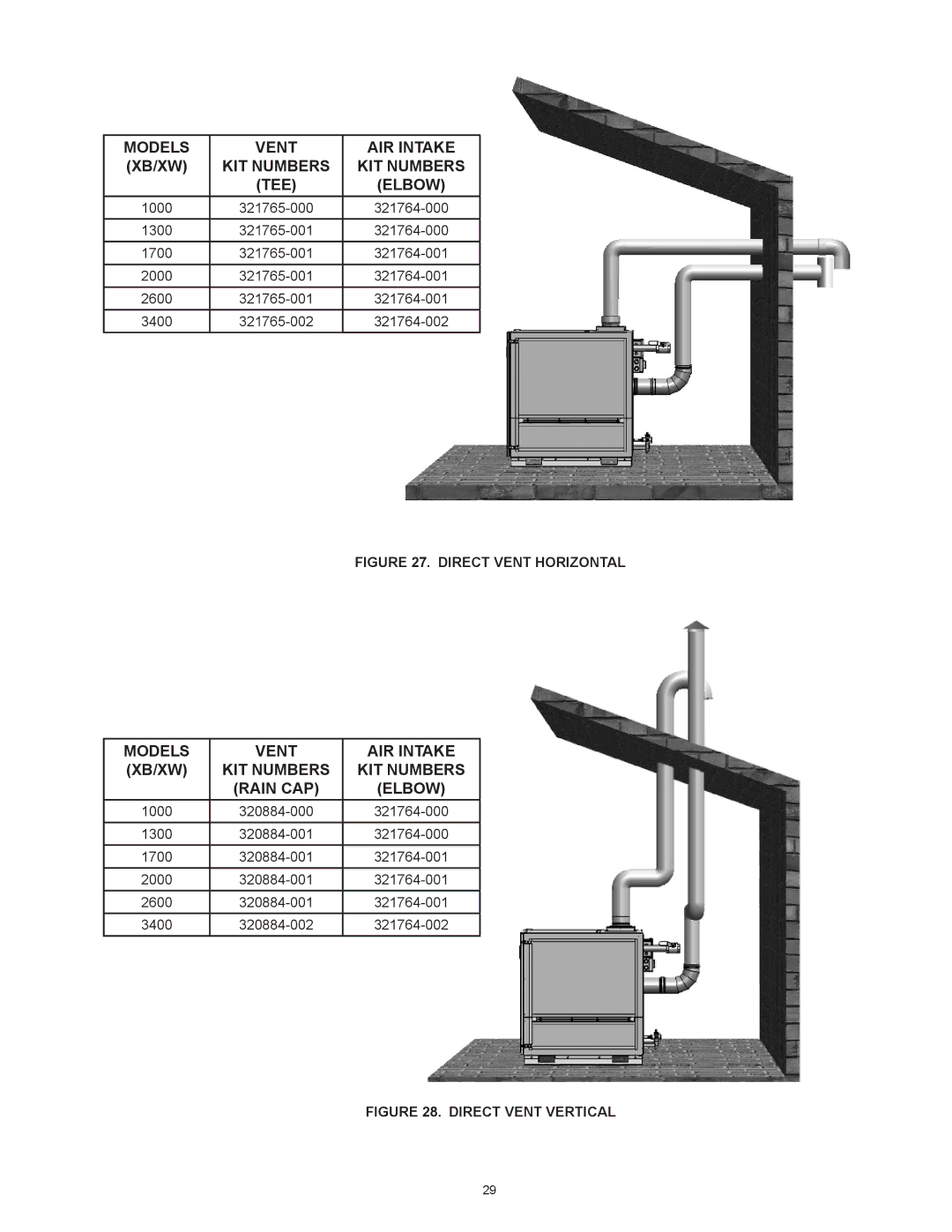 A.O. Smith 2600, 3400, 1700, 2000 instruction manual Models Vent AIR Intake XB/XW KIT Numbers TEE Elbow 