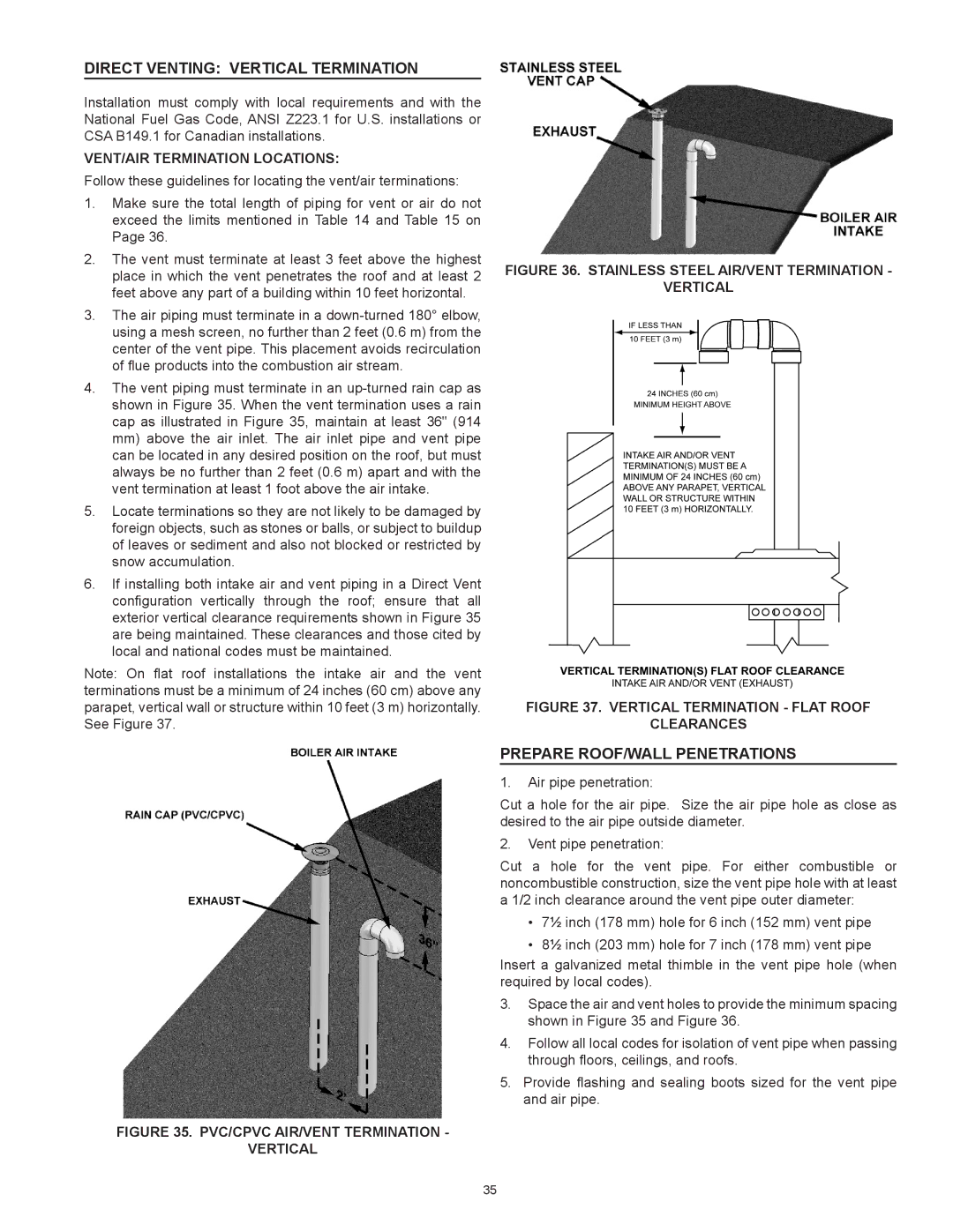 A.O. Smith 2000, 3400, 2600, 1700 Direct Venting Vertical Termination, Prepare ROOF/WALL Penetrations, Clearances 