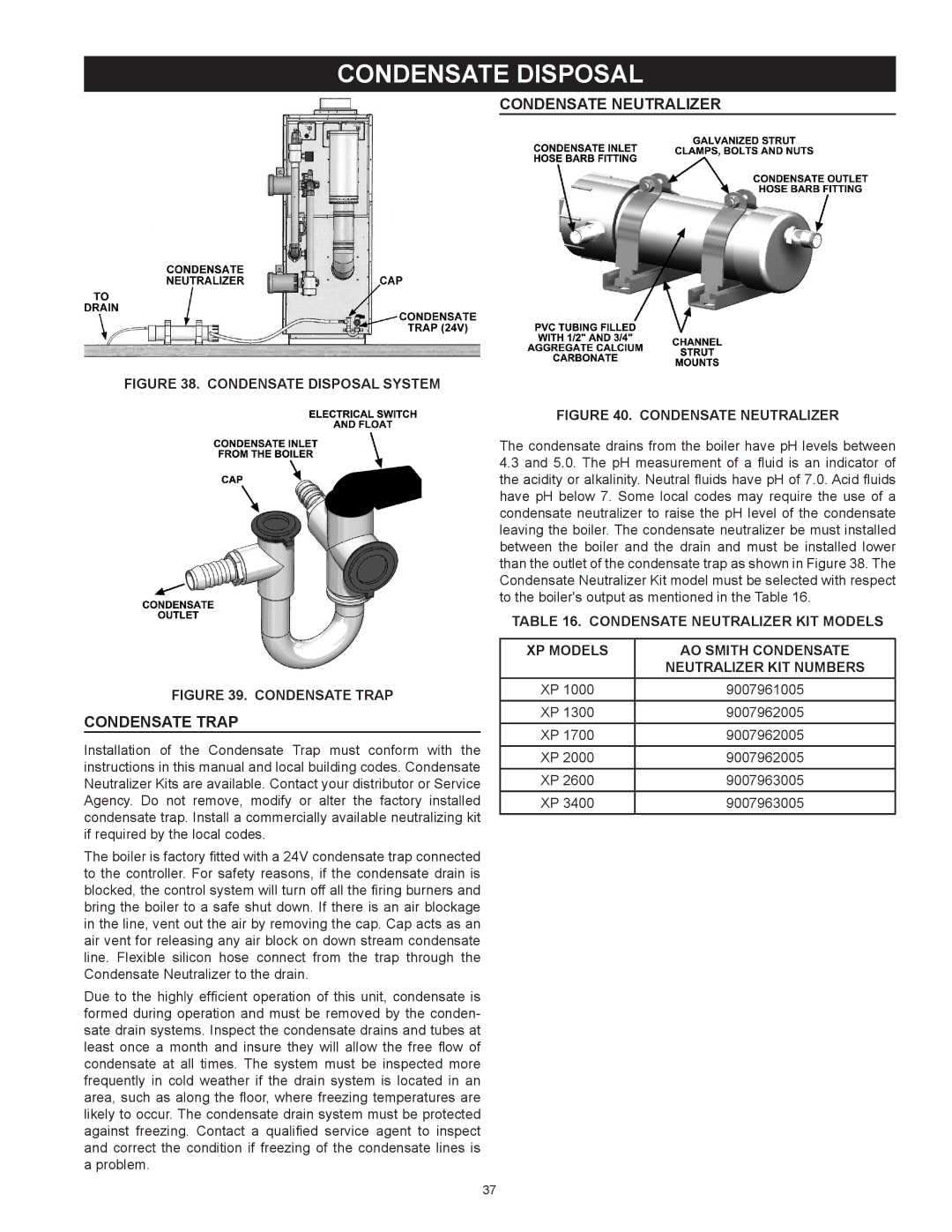 A.O. Smith 2600, 3400, 1700, 2000 instruction manual Condensate Disposal, Condensate Neutralizer, Condensate Trap 