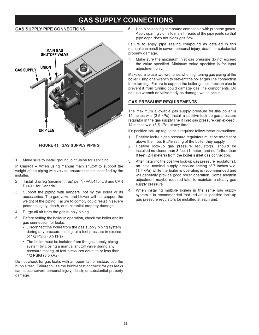 A.O. Smith 1700, 3400, 2600, 2000 GAS Supply Connections, GAS Supply Pipe Connections, GAS Pressure Requirements 