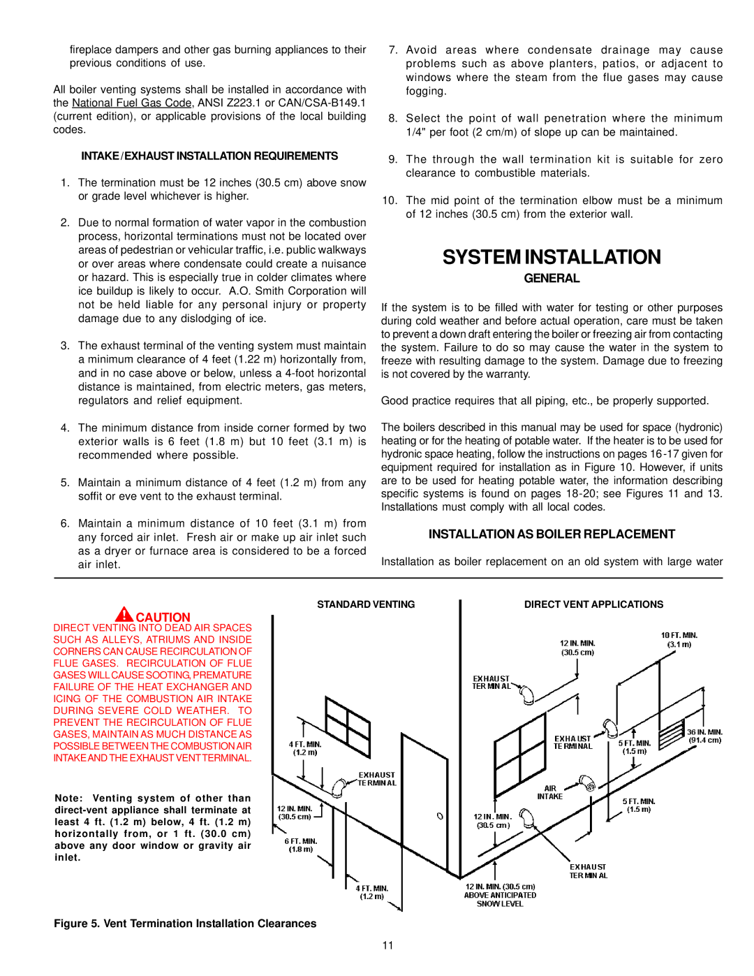 A.O. Smith 404 System Installation, General, Installation AS Boiler Replacement, INTAKE/EXHAUST Installation Requirements 