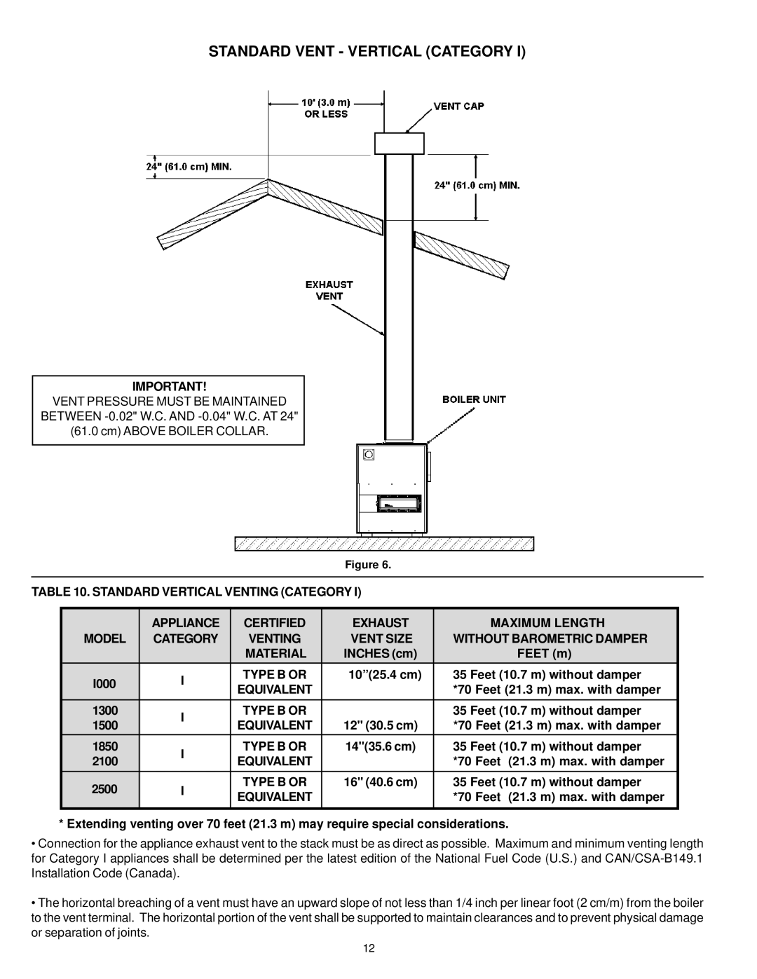 A.O. Smith 400, 402, 401, 403, 405, 404 instruction manual Standard Vent Vertical Category, Type B or, Equivalent, 16 40.6 cm 