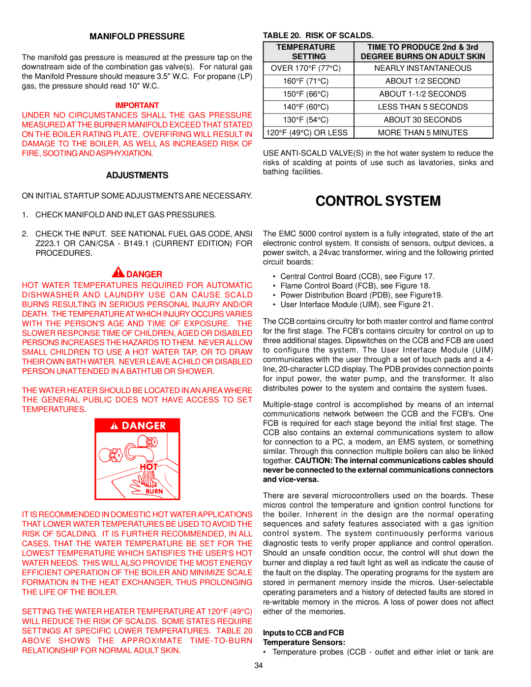 A.O. Smith 405, 400, 402, 401, 403, 404 Control System, Manifold Pressure, Adjustments, Risk of Scalds Temperature 