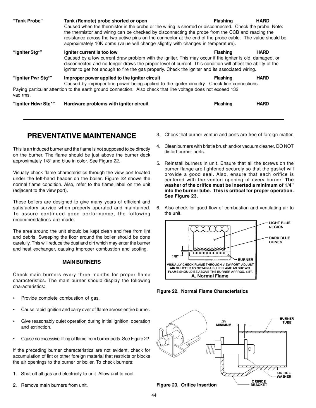 A.O. Smith 401, 400, 402, 403, 405, 404 instruction manual Main Burners, Tank Probe Tank Remote probe shorted or open Flashing 