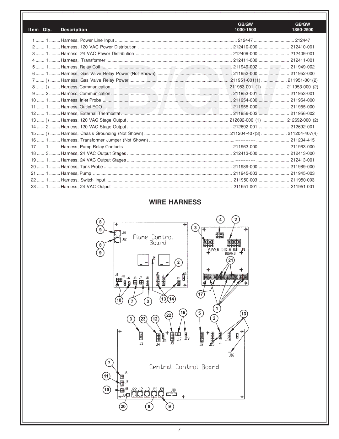 A.O. Smith 405 Series, 400 Series manual Wire Harness, Qty Description 1000-1500 1850-2500 