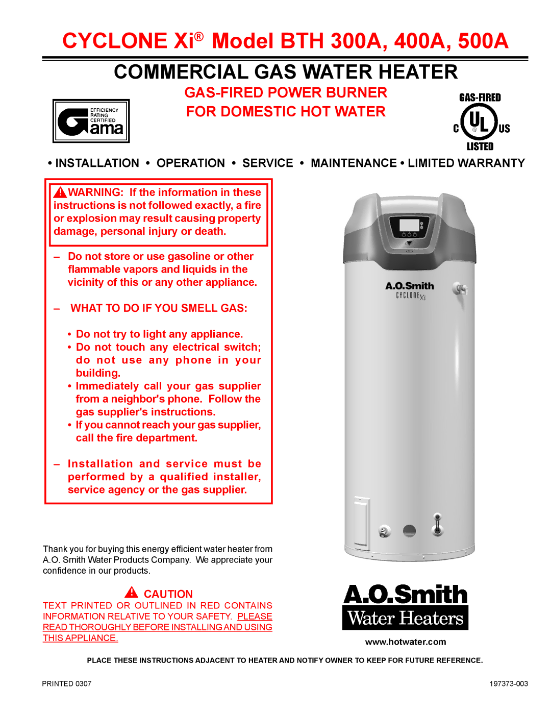 A.O. Smith warranty Cyclone Xi Model BTH 300A, 400A, 500A 