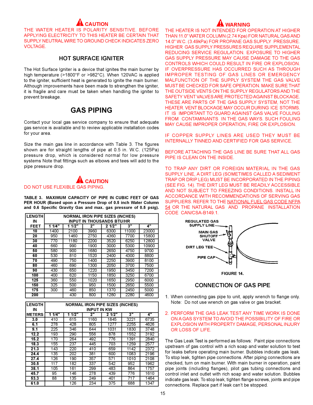 A.O. Smith 300A, 500A warranty GAS Piping, HOT Surface Igniter, Connection of GAS Pipe 