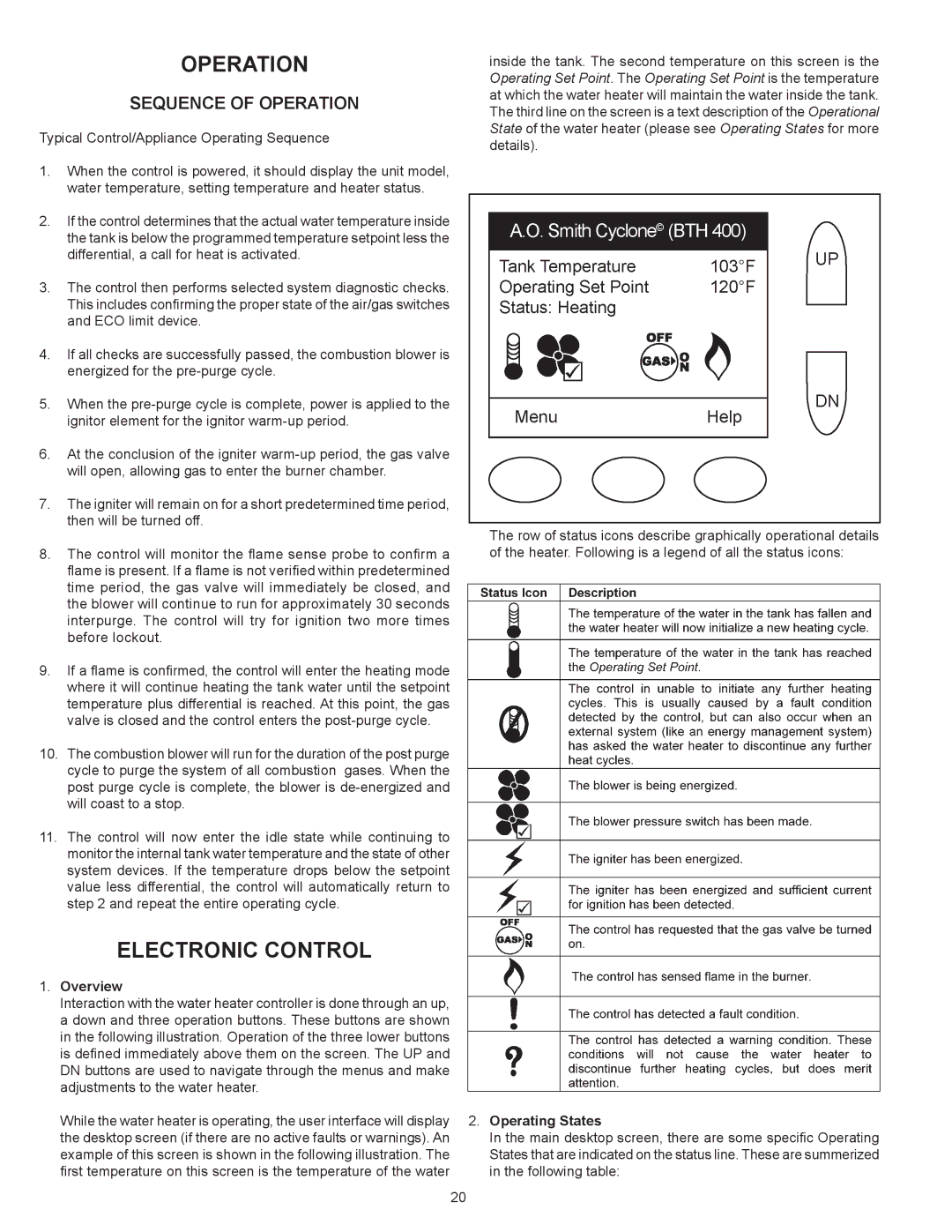 A.O. Smith 500A, 300A warranty Electronic Control, Sequence of Operation, Overview, Operating States 