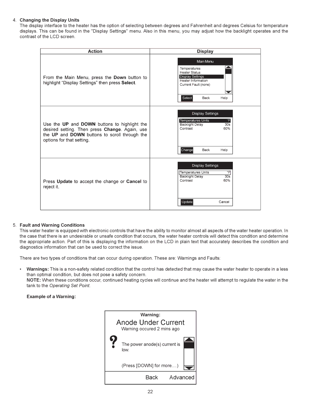 A.O. Smith 500A, 300A warranty Changing the Display Units, Fault and Warning Conditions, Example of a Warning 