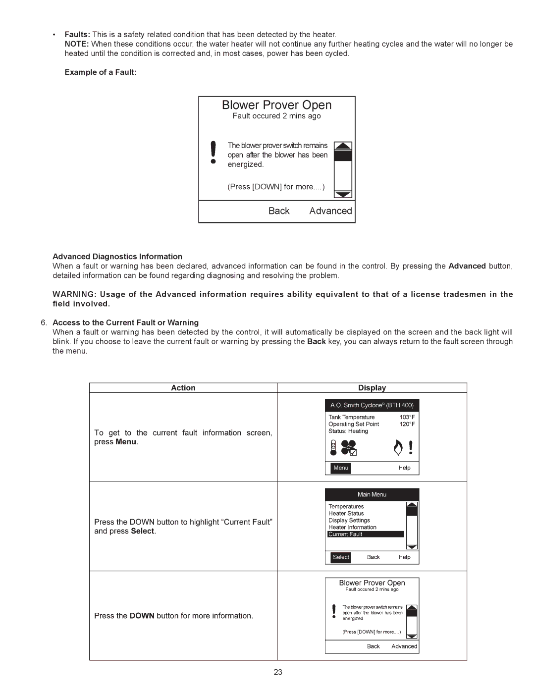 A.O. Smith 300A, 500A warranty Example of a Fault Advanced Diagnostics Information, Access to the Current Fault or Warning 