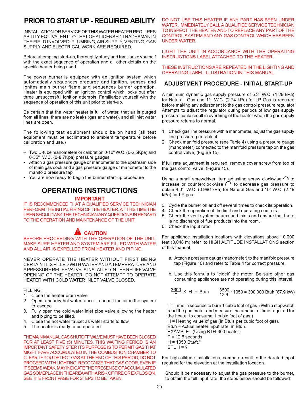 A.O. Smith 300A, 500A warranty Operating Instructions, Prior to Start UP Required Ability 