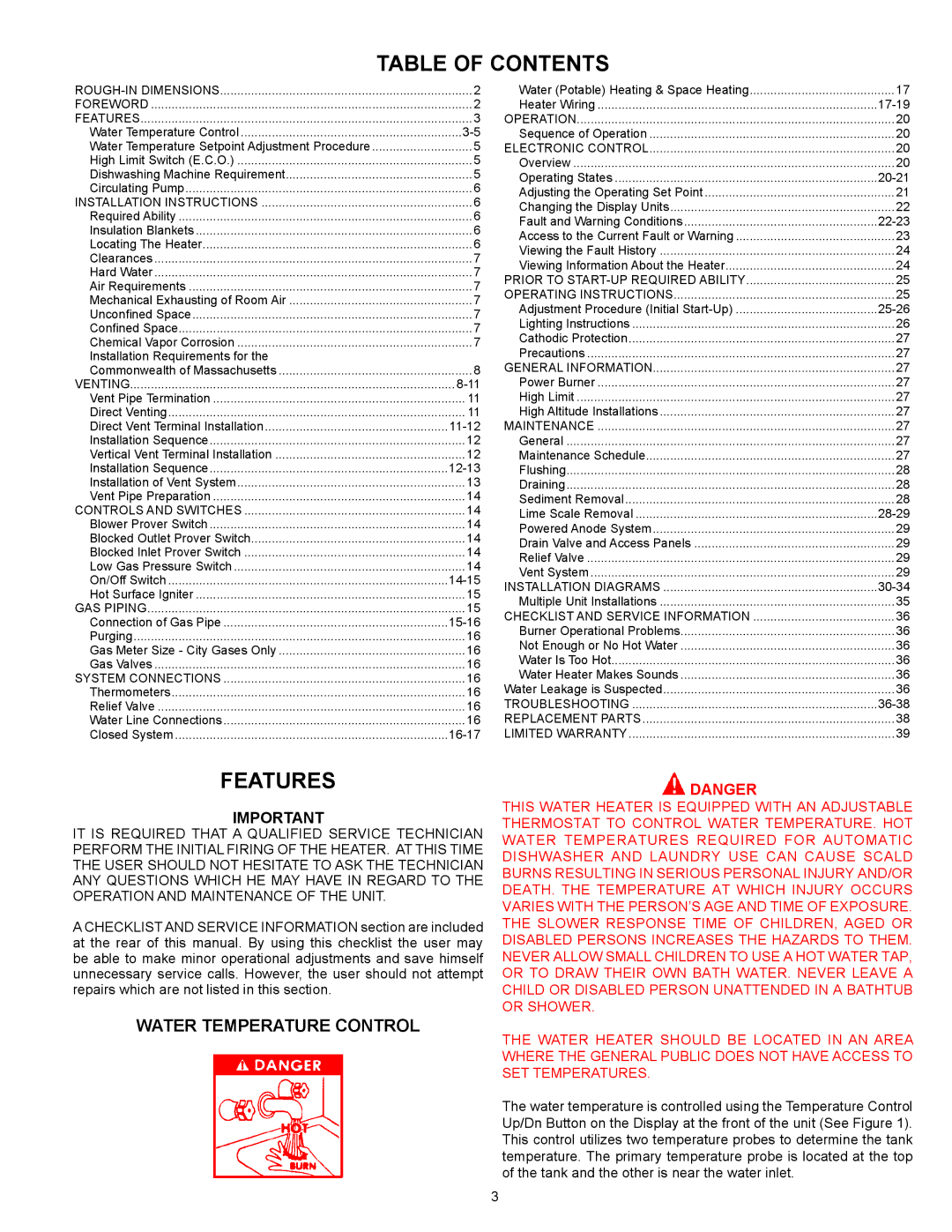 A.O. Smith 300A, 500A warranty Table of Contents, Features 