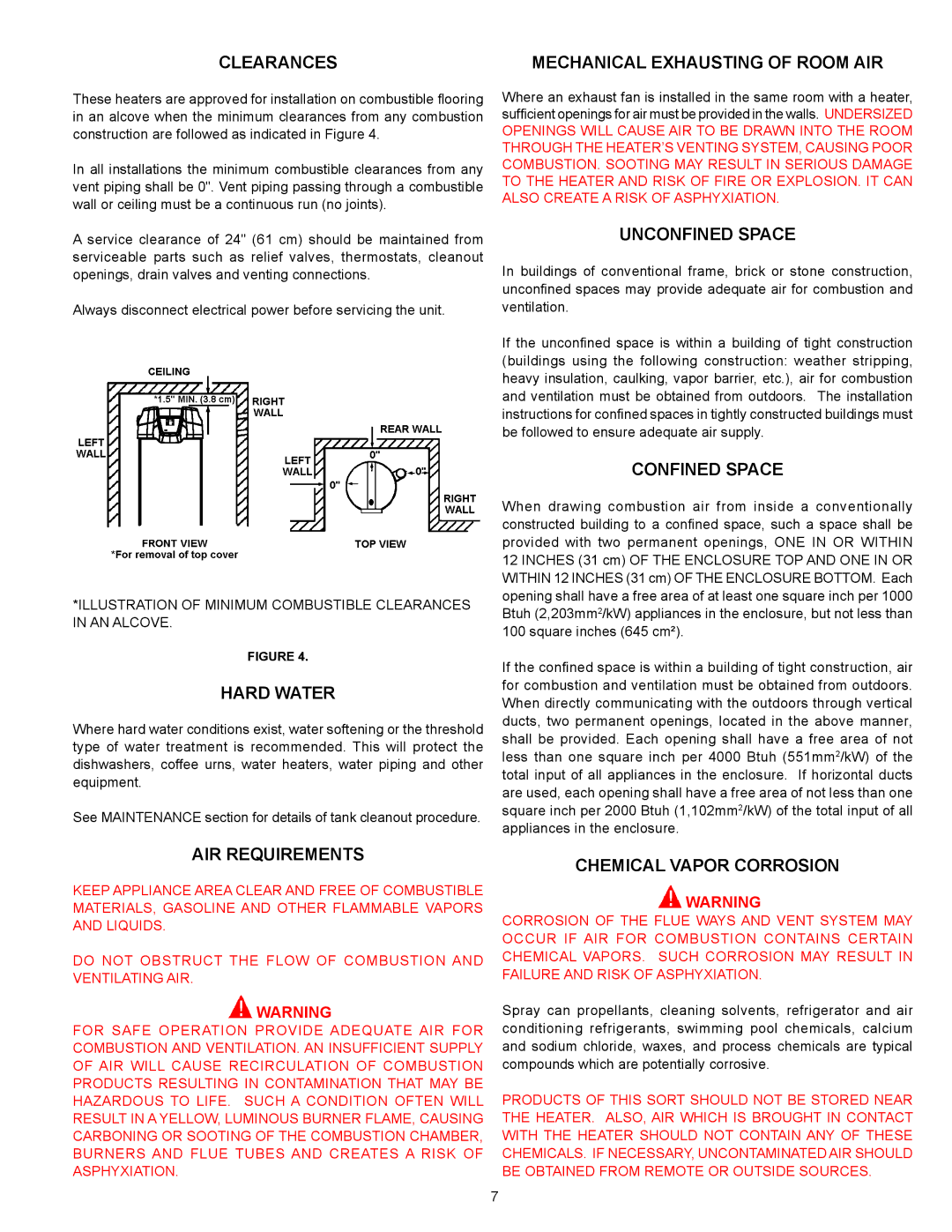 A.O. Smith 300A, 500A Clearances, Hard Water, AIR Requirements, Unconfined Space, Confined Space, Chemical Vapor Corrosion 