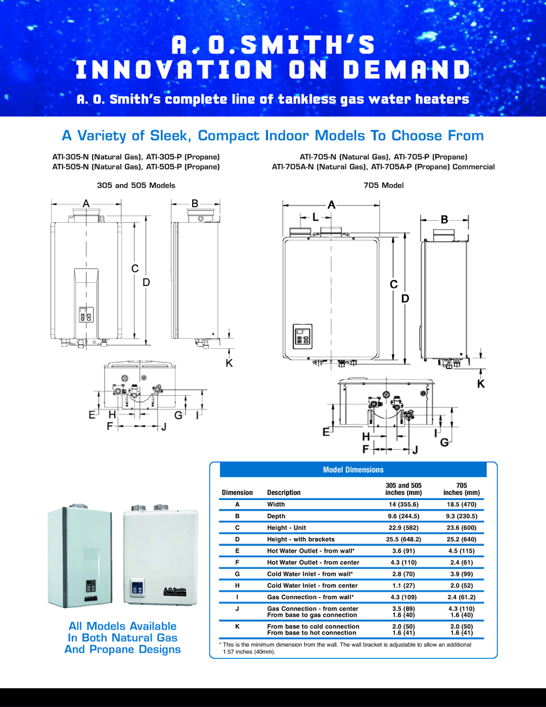 A.O. Smith 705, 505 dimensions All Models Available Both Natural Gas Propane Designs, Model Dimensions, 305 