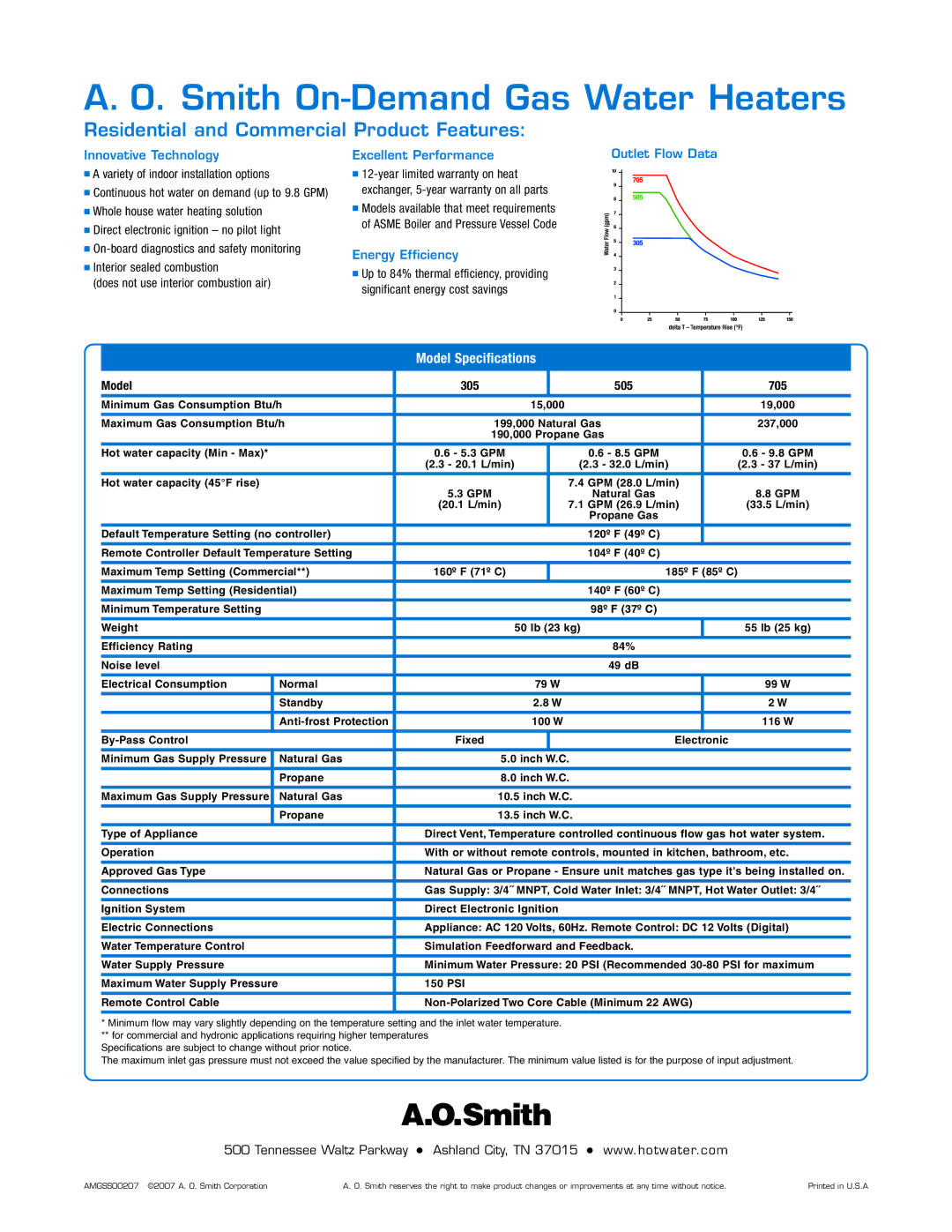 A.O. Smith dimensions Residential and Commercial Product Features, Model Specifications, Model 305 505 705 