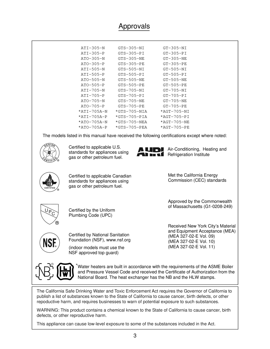 A.O. Smith 186965-001, 505 Series 100, 705 Series 100, 305 Series 100 manual Approvals 