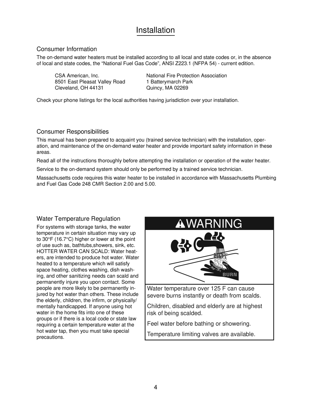 A.O. Smith 505 Series 100 Installation, Consumer Information, Consumer Responsibilities, Water Temperature Regulation 