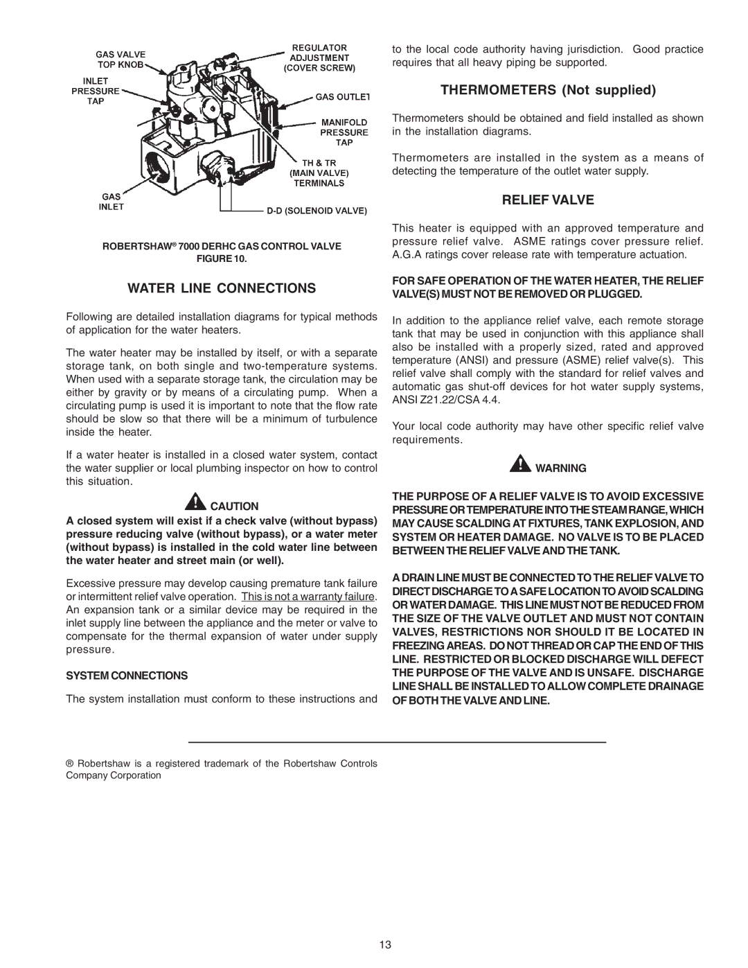 A.O. Smith BTP(V)-540A, 650A, 740A warranty Water Line Connections, Relief Valve, System Connections 