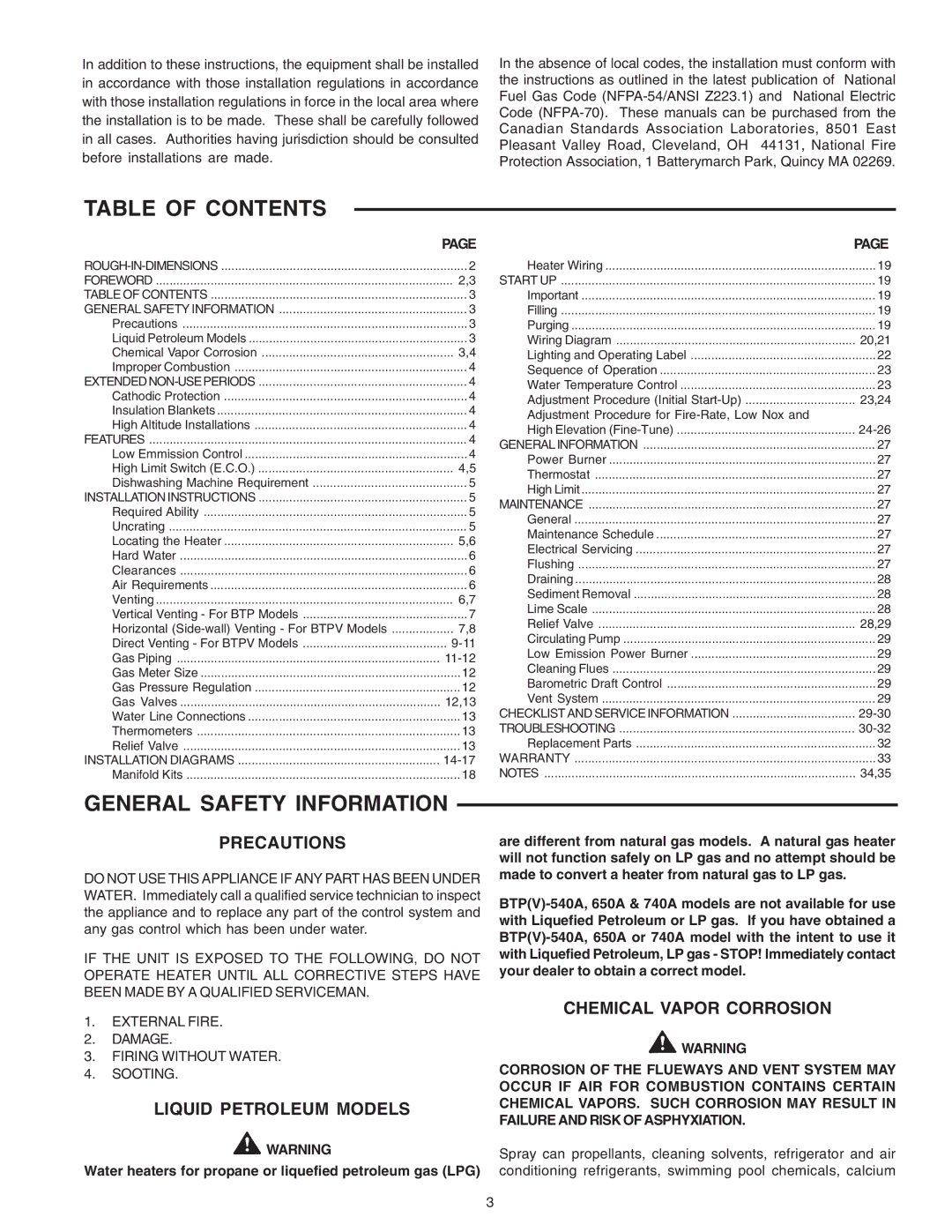 A.O. Smith BTP(V)-540A, 650A, 740A warranty Table of Contents, General Safety Information 