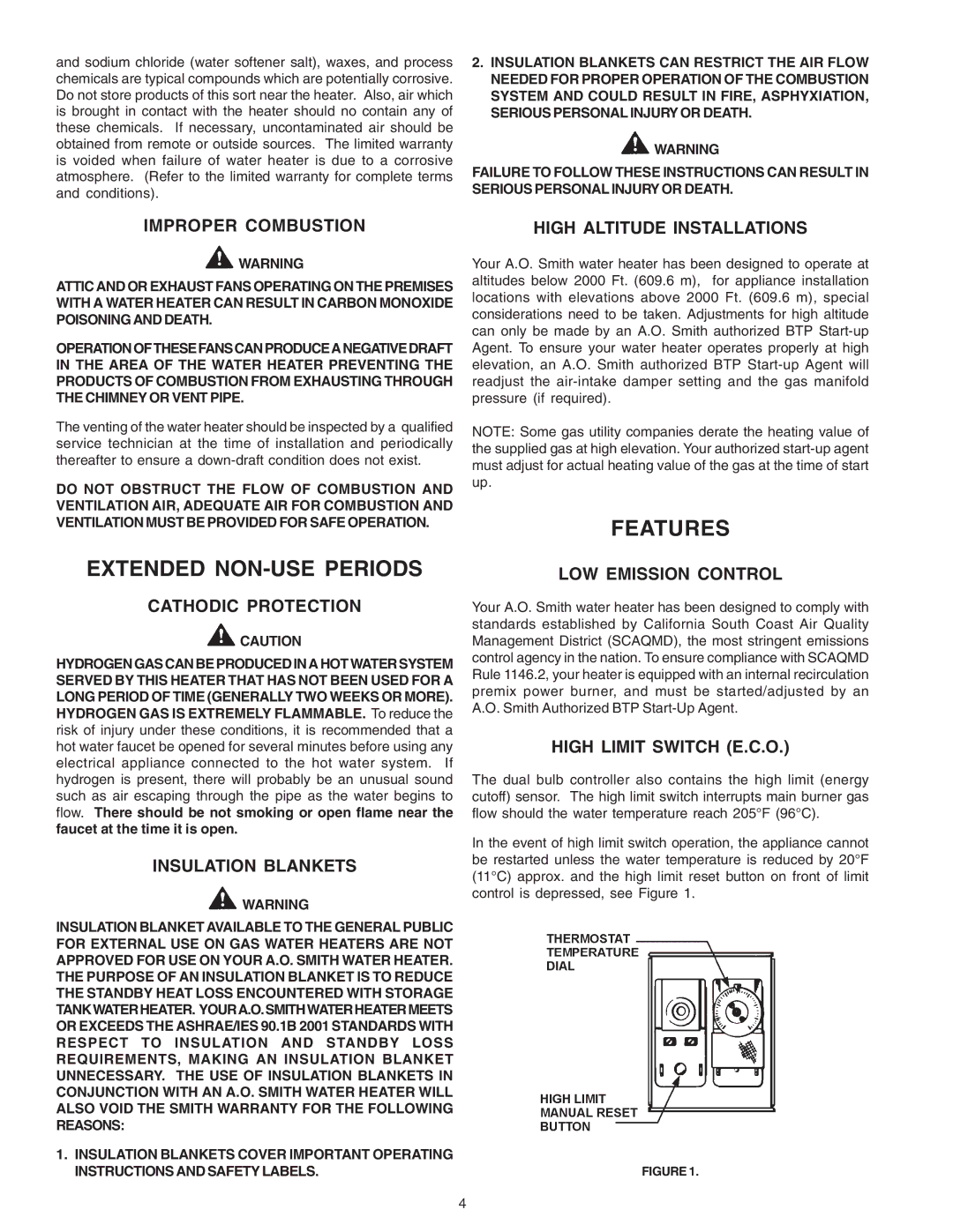 A.O. Smith 650A, 740A, BTP(V)-540A warranty Extended NON-USE Periods, Features 