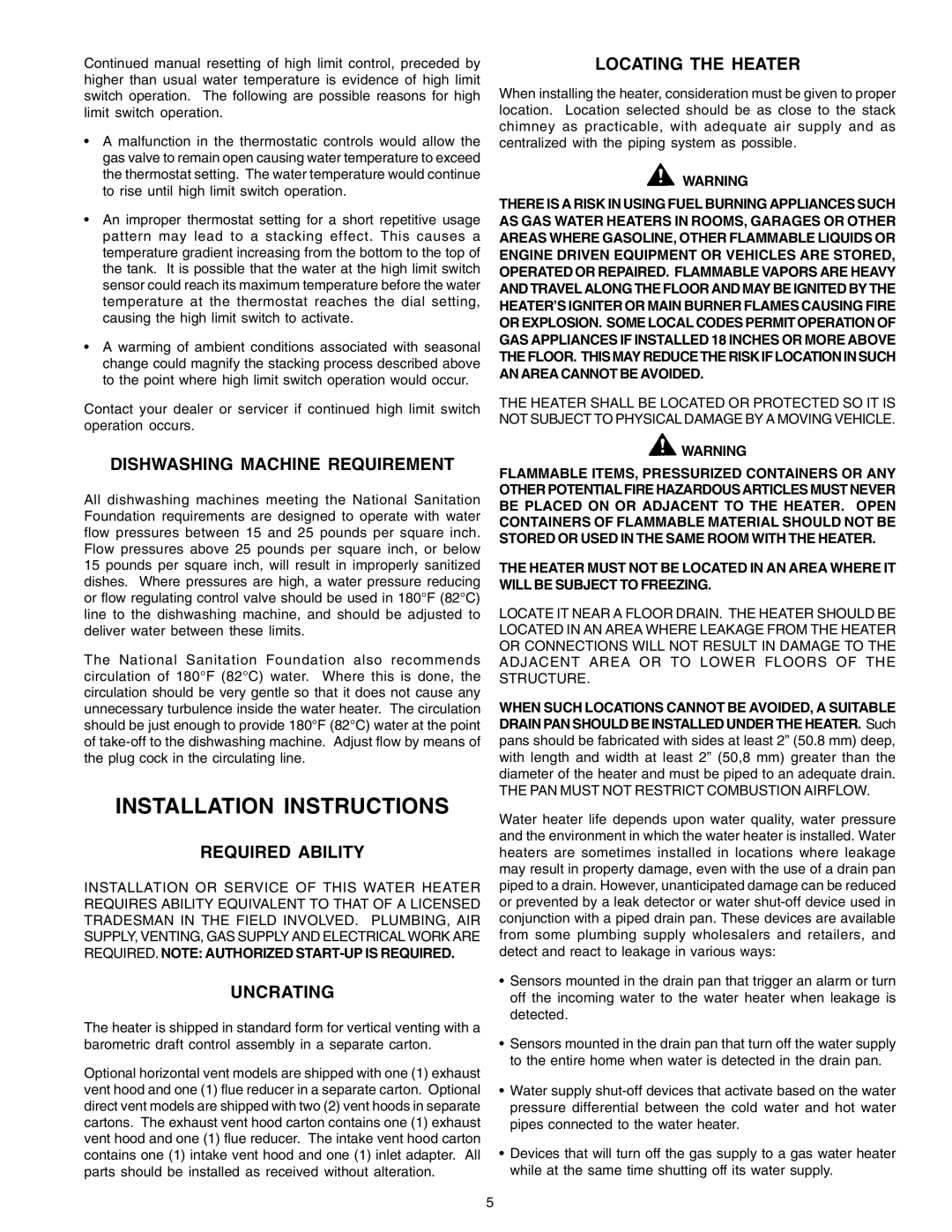 A.O. Smith BTP(V)-540A, 650A, 740A Installation Instructions, Dishwashing Machine Requirement, Required Ability, Uncrating 