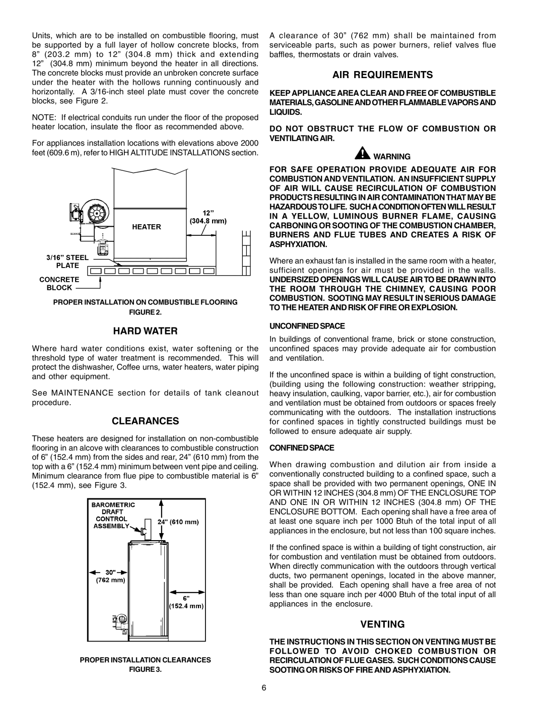 A.O. Smith 650A, 740A, BTP(V)-540A warranty Hard Water, Clearances, AIR Requirements, Venting, Confined Space 