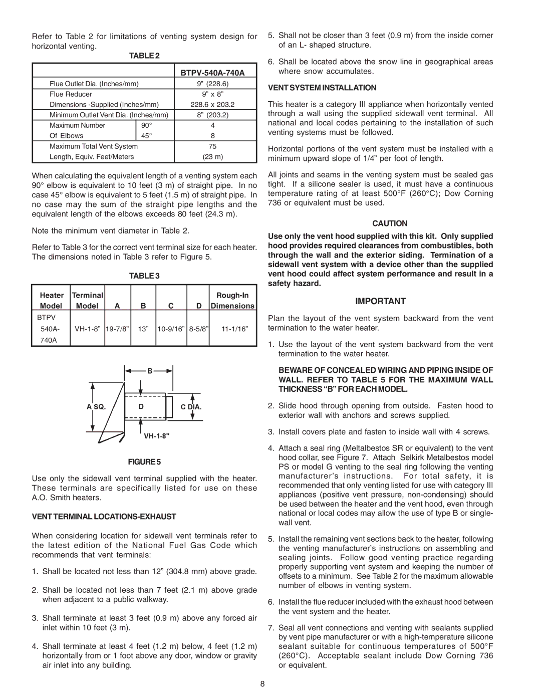 A.O. Smith 650A, 740A, BTP(V)-540A warranty Vent Terminal LOCATIONS-EXHAUST, Vent System Installation 