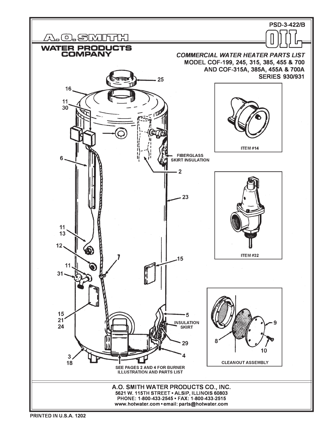 A.O. Smith 930 Series, 931 Series, COF-700A manual Printed In U.S.A, PSD-3-422/B, Commercial Water Heater Parts List 