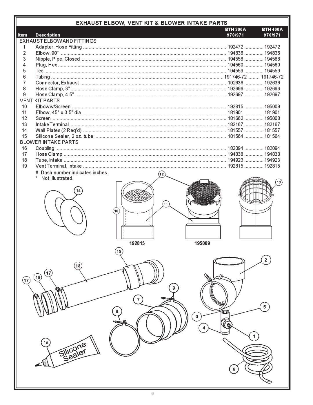 A.O. Smith 970 Series Exhaust ELBOW, Vent KIT & Blower Intake Parts, # Dash number indicates inches. * Not Illustrated 