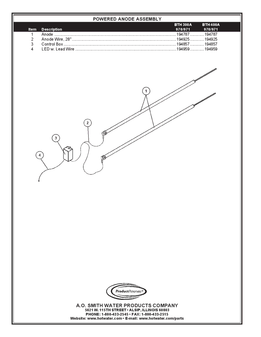 A.O. Smith 970 Series manual Powered Anode Assembly 