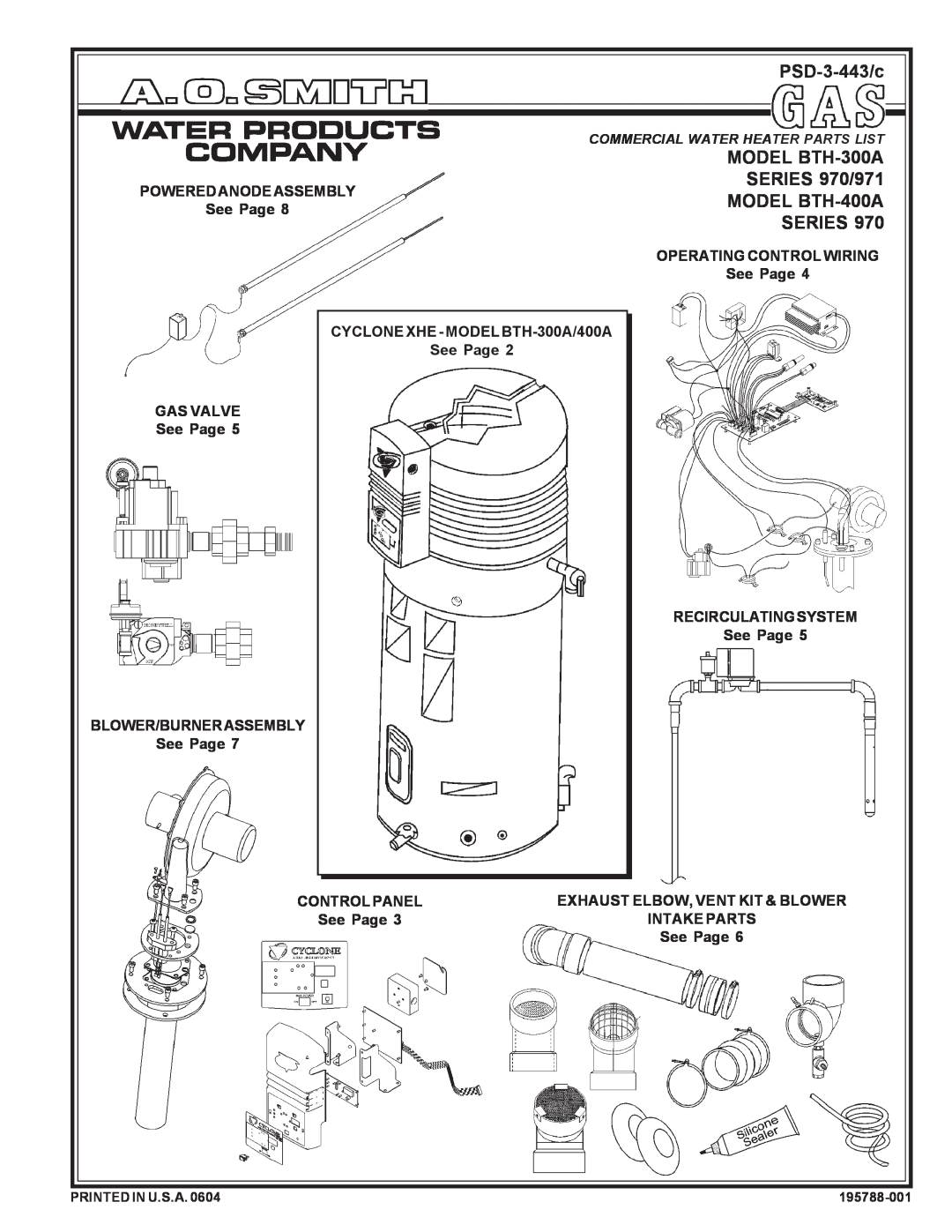 A.O. Smith 970 Series manual PSD-3-443/c, MODEL BTH-300A, SERIES 970/971, See Page 8MODEL BTH-400A SERIES, Controlpanel 