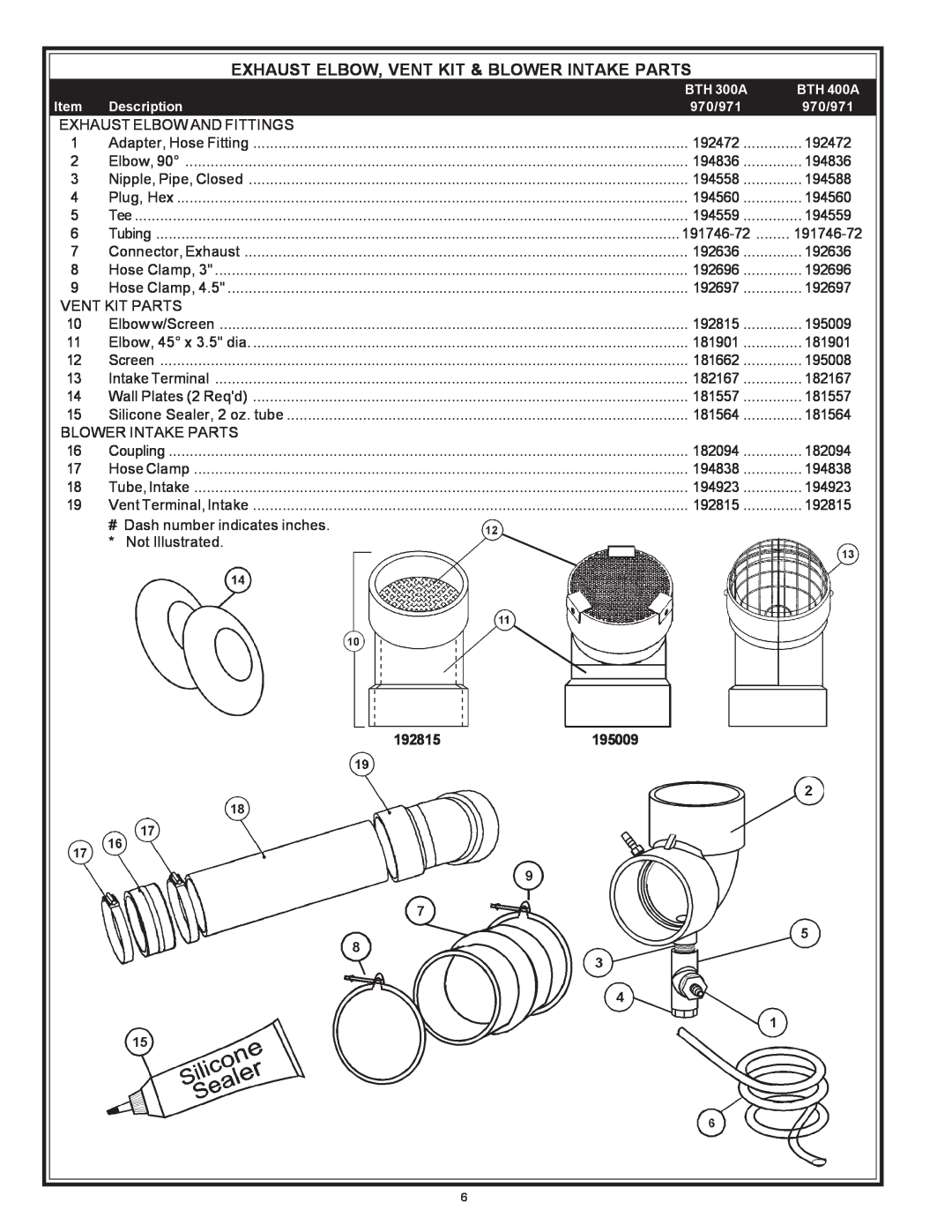 A.O. Smith 970 Series manual Exhaust Elbow, Vent Kit & Blower Intake Parts, 192815195009, BTH 300A, BTH 400A, Description 