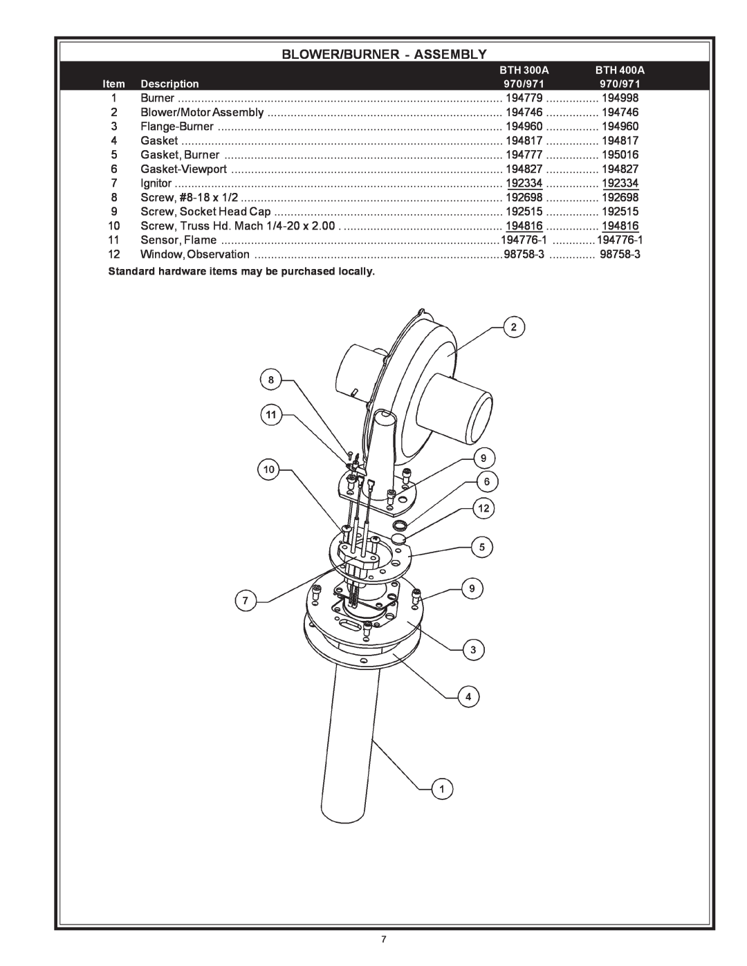 A.O. Smith 970 Series manual Blower/Burner - Assembly, BTH 300A, BTH 400A, Description, 970/971 