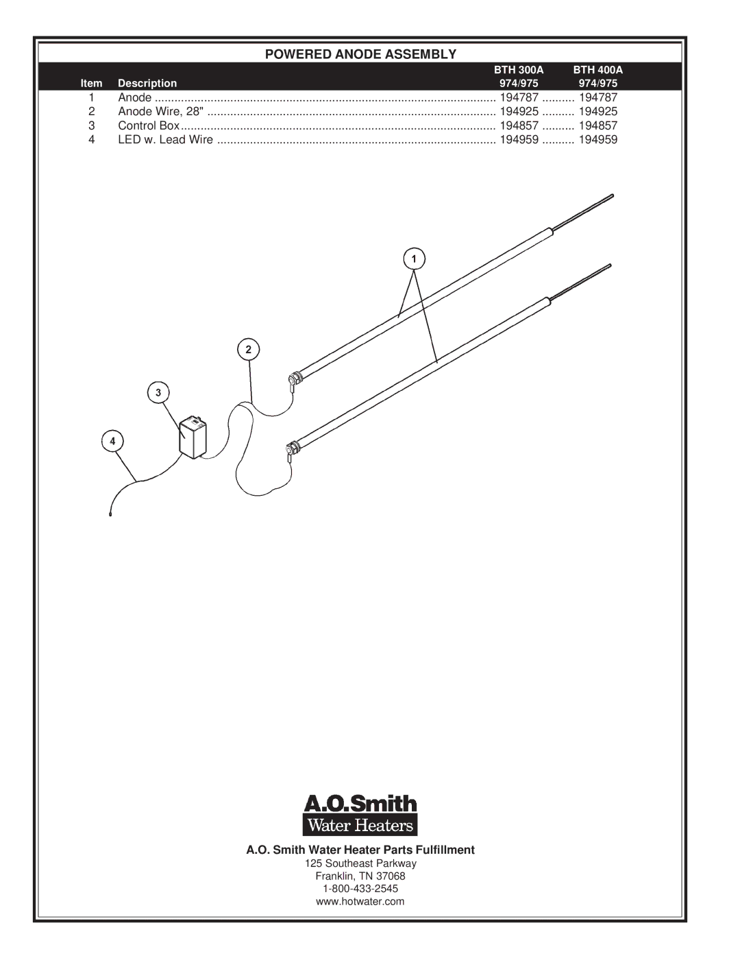 A.O. Smith 975 Series, 974 Series manual Powered Anode Assembly 