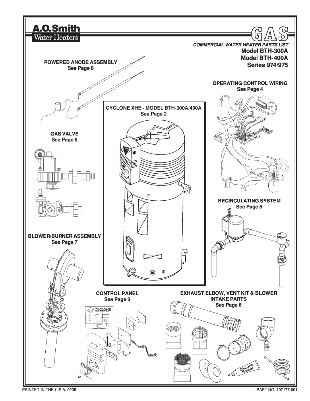 A.O. Smith 974 Series manual POWERED ANODE ASSEMBLYSeries 974/975 See Page, BLOWER/BURNER ASSEMBLY See Page, Control Panel 