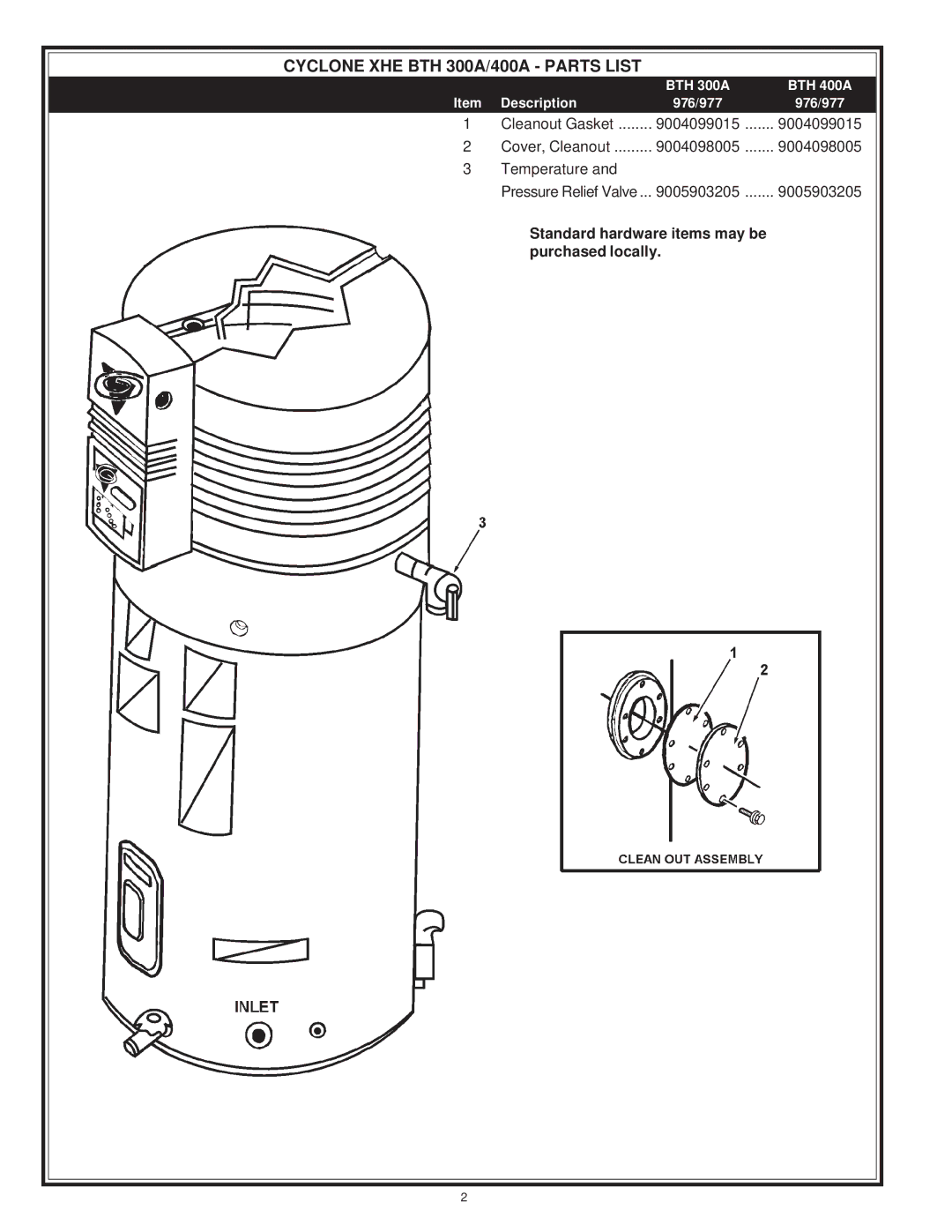 A.O. Smith 976 Series, 977 Series manual Cyclone XHE BTH 300A/400A Parts List 