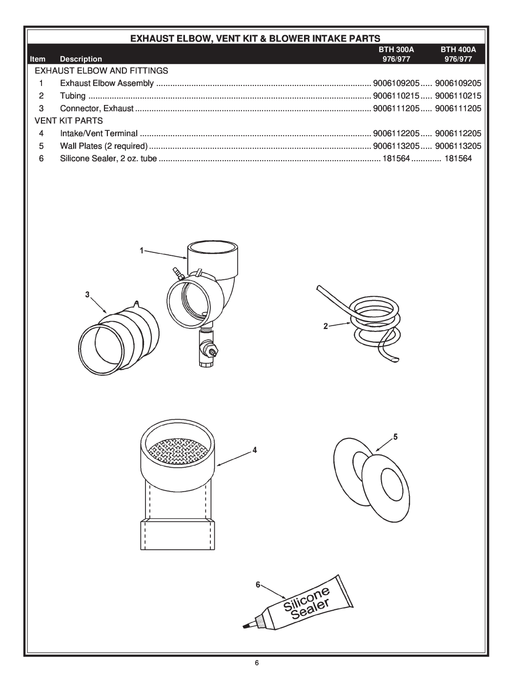 A.O. Smith 976 Series, 977 Series Exhaust Elbow, Vent Kit & Blower Intake Parts, BTH 300A, BTH 400A, Description, 976/977 
