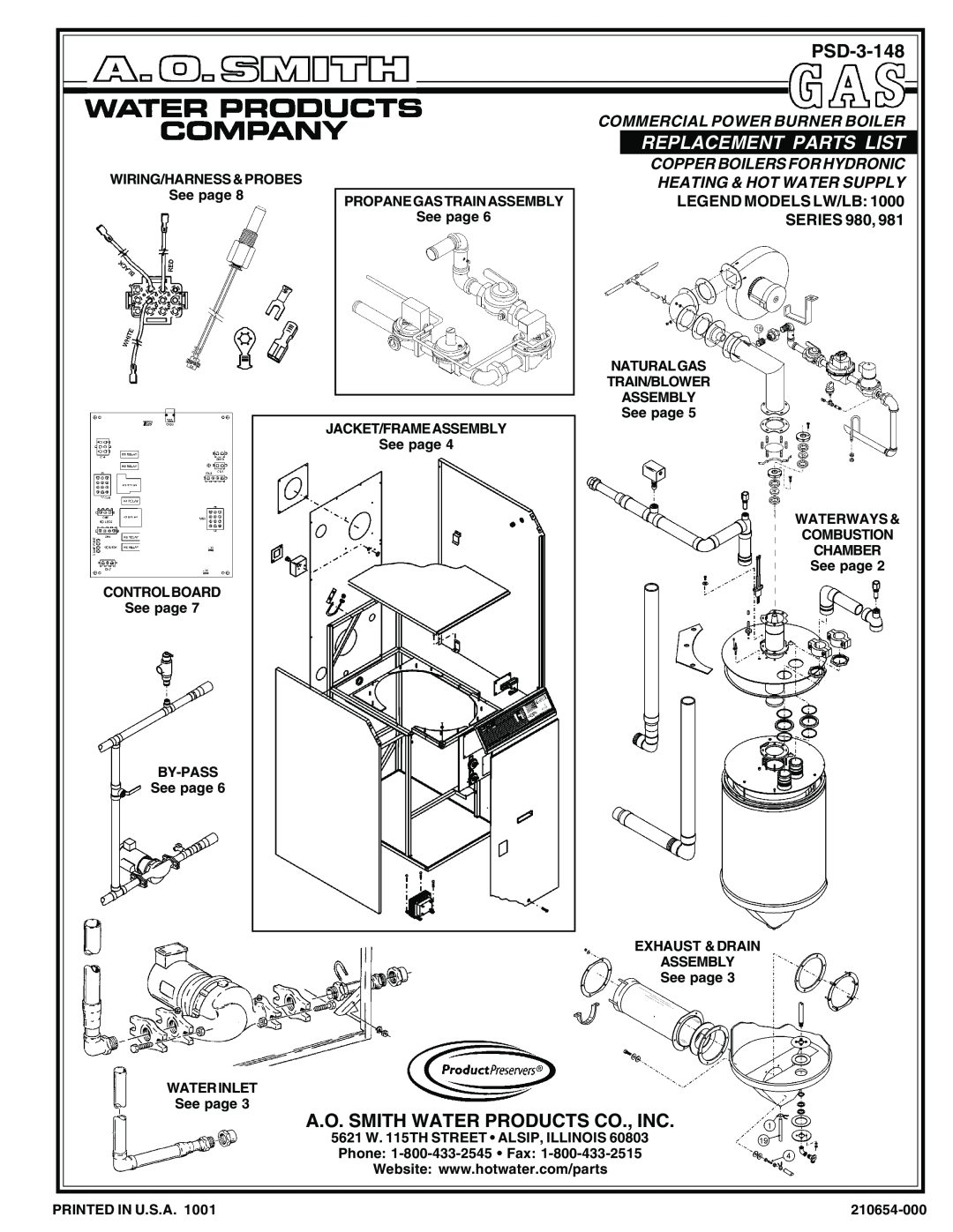 A.O. Smith 980 Series, 981 Series manual PSD-3-148, Replacement Parts List, A.O. Smith Water Products Co., Inc 