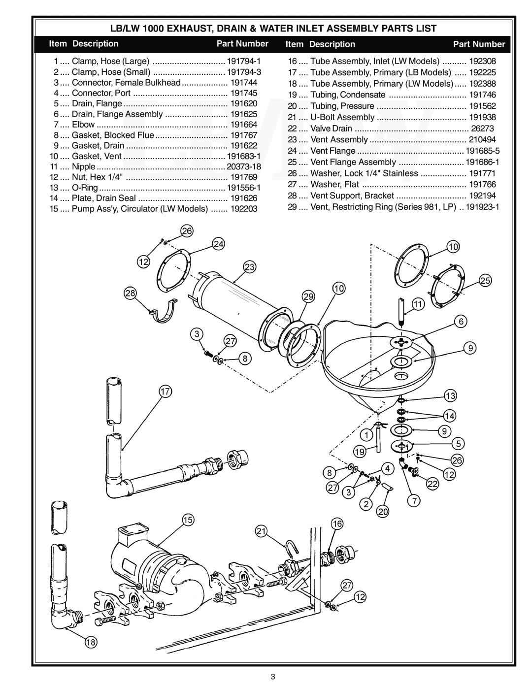 A.O. Smith 981 Series, 980 Series LB/LW 1000 EXHAUST, DRAIN & WATER INLET ASSEMBLY PARTS LIST, Description, Part Number 