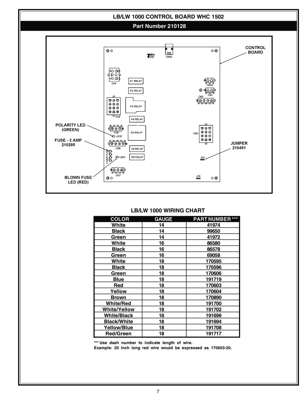 A.O. Smith 980 Series, 981 Series manual Part Number, LB/LW 1000 CONTROL BOARD WHC, LB/LW 1000 WIRING CHART, Color, Gauge 