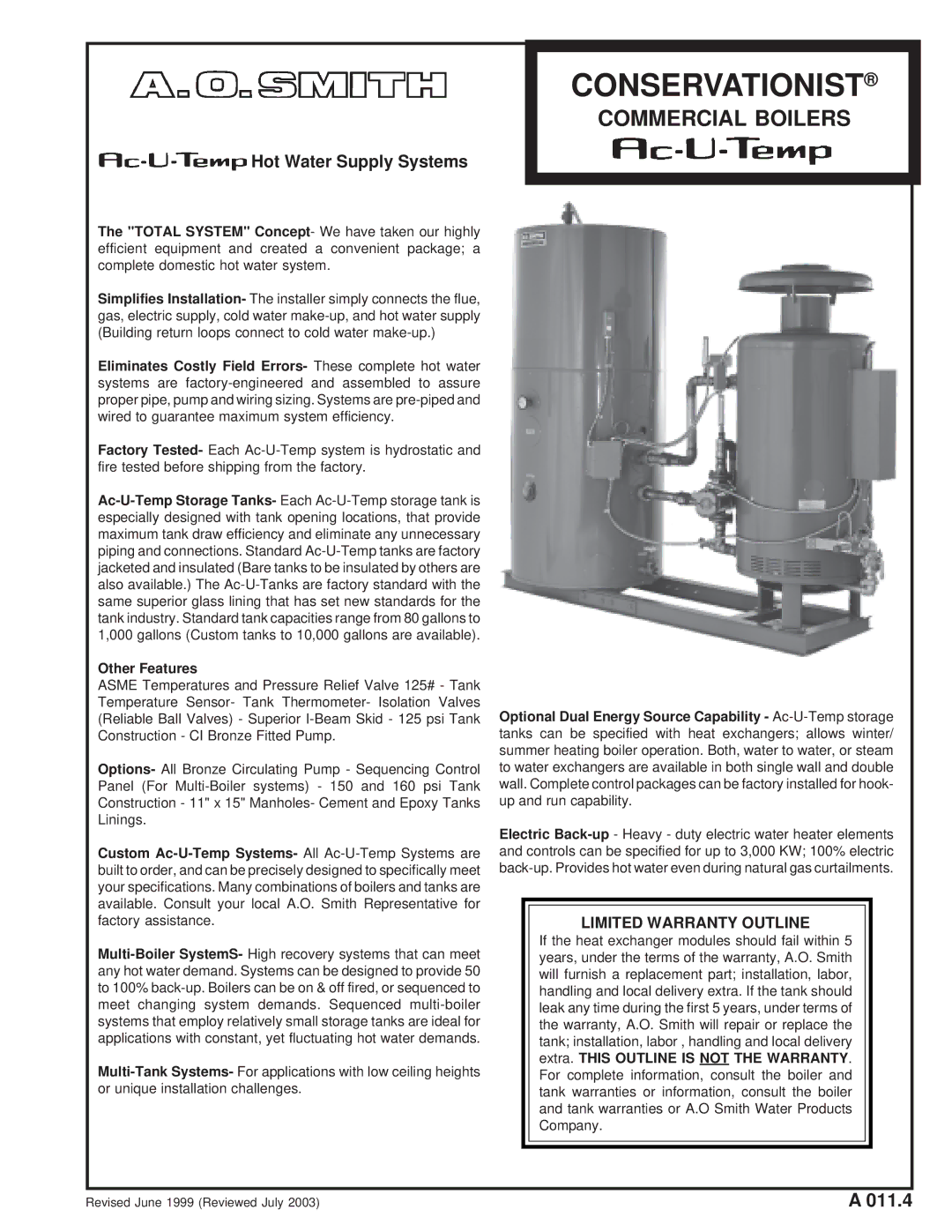 A.O. Smith Ac-U-Temp warranty Conservationist 