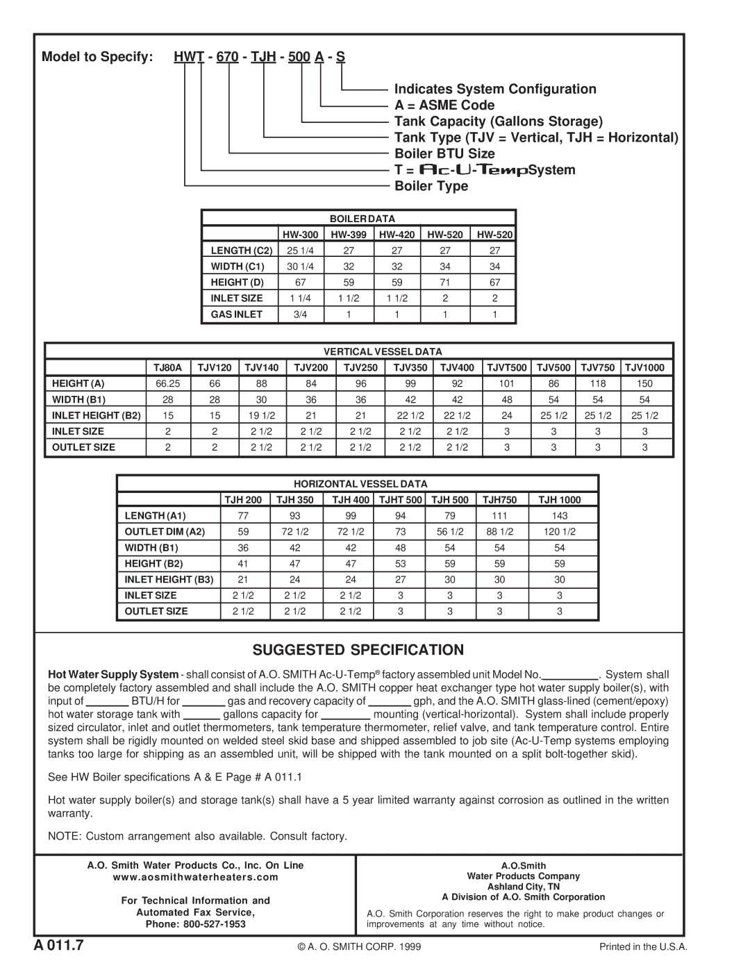 A.O. Smith Ac-U-Temp warranty Suggested Specification, Boiler Type 